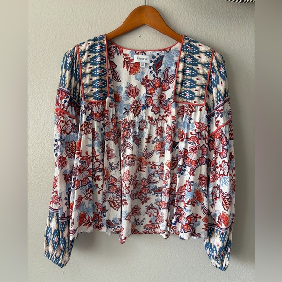Evereve Tops - Evereve Penny Floral Kimono Linen Open Blouse Red Blue Women Small Extra Small